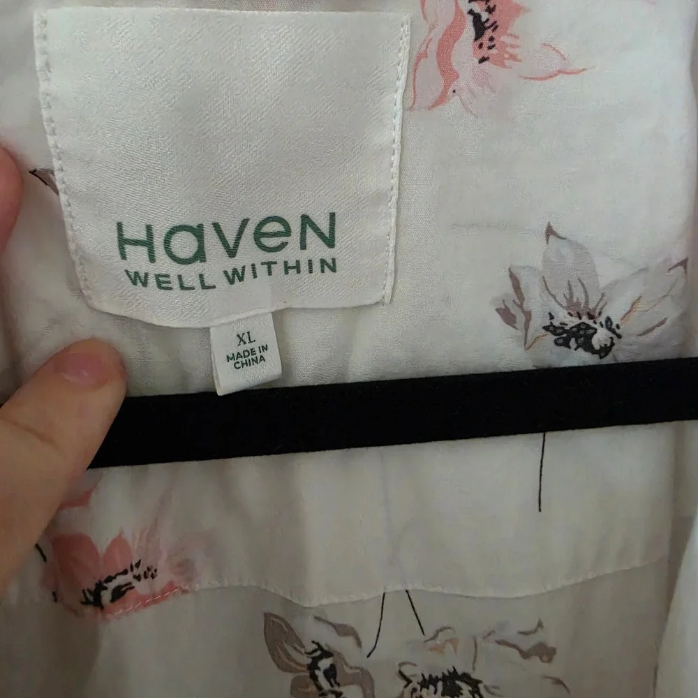 Haven Well Within Women XL White Pink Floral 100% Cotton Wrap Robe Pockets